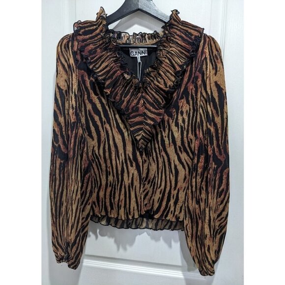 NWT Ganni | Pleated Georgette Blouse In Tiger's Eye - Picture 3 of 16